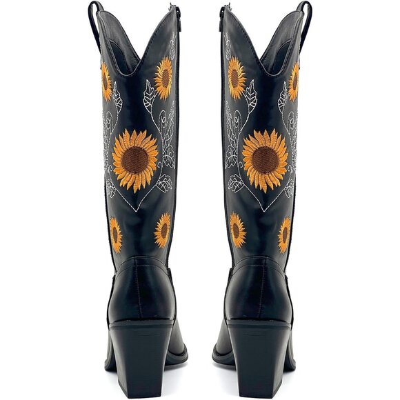 Nzzoo Western Boots Women Black Cowboy Wide Mid Calf Cowgirl Shoes - Picture 5 of 7